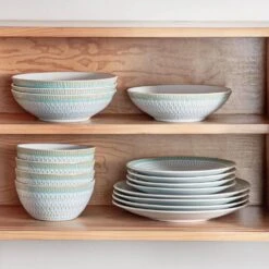 16-Piece Grey Blue Stoneware Dinnerware Set (Service For 4) Dining Set Tableware With Bowls And Plates Set -Vancasso Shop grey blue vancasso dinnerware sets vc pluvo gp sl fa 1000