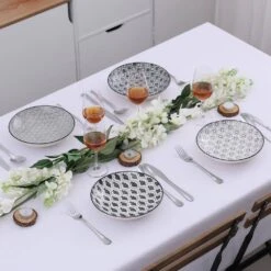 Haruka 8.6 In. Soup Plate Porcelain Patterned 4-Designs Japanese Style Grey Spot Soup Plate (Set Of 4) -Vancasso Shop grey vancasso bowls vc haruka stp 44 1000