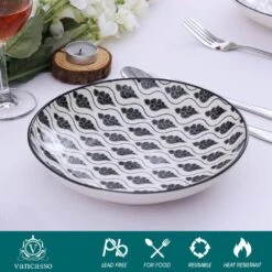 Haruka 8.6 In. Soup Plate Porcelain Patterned 4-Designs Japanese Style Grey Spot Soup Plate (Set Of 4) -Vancasso Shop grey vancasso bowls vc haruka stp 4f 1000