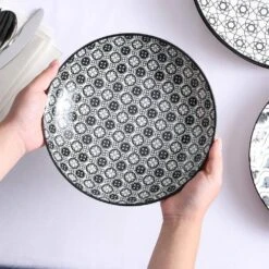 Haruka 8.6 In. Soup Plate Porcelain Patterned 4-Designs Japanese Style Grey Spot Soup Plate (Set Of 4) -Vancasso Shop grey vancasso bowls vc haruka stp fa 1000