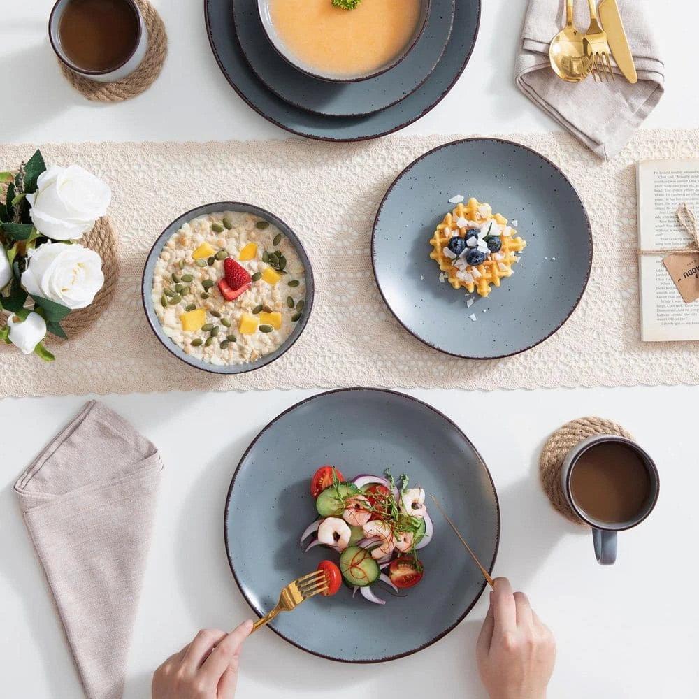 16-Piece Grey Stoneware Dinnerware Set Service For 4 Kitchen Tableware Set With Plates Bowls And Mugs 3 16-Piece Grey Stoneware Dinnerware Set Service For 4 Kitchen Tableware Set With Plates Bowls And Mugs