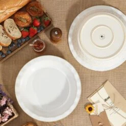 2-Piece Round Stoneware Pie Dish Set Ivory White Baking Dish Embossed Pattern Bakeware 40 Oz. -Vancasso Shop ivory white vancasso bakeware sets lydia pp 03 1d 1000