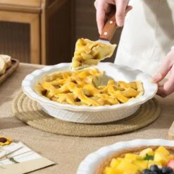 2-Piece Round Stoneware Pie Dish Set Ivory White Baking Dish Embossed Pattern Bakeware 40 Oz. -Vancasso Shop ivory white vancasso bakeware sets lydia pp 03 31 1000