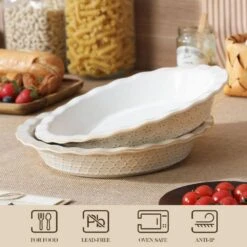 2-Piece Round Stoneware Pie Dish Set Ivory White Baking Dish Embossed Pattern Bakeware 40 Oz. -Vancasso Shop ivory white vancasso bakeware sets lydia pp 03 44 1000