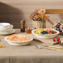 2-Piece Round Stoneware Pie Dish Set Ivory White Baking Dish Embossed Pattern Bakeware 40 Oz. -Vancasso Shop ivory white vancasso bakeware sets lydia pp 03 4f 1000