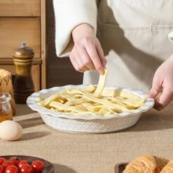 2-Piece Round Stoneware Pie Dish Set Ivory White Baking Dish Embossed Pattern Bakeware 40 Oz. -Vancasso Shop ivory white vancasso bakeware sets lydia pp 03 76 1000