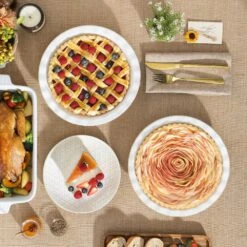 2-Piece Round Stoneware Pie Dish Set Ivory White Baking Dish Embossed Pattern Bakeware 40 Oz. -Vancasso Shop ivory white vancasso bakeware sets lydia pp 03 a0 1000