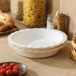 2-Piece Round Stoneware Pie Dish Set Ivory White Baking Dish Embossed Pattern Bakeware 40 Oz. -Vancasso Shop ivory white vancasso bakeware sets lydia pp 03 d4 1000