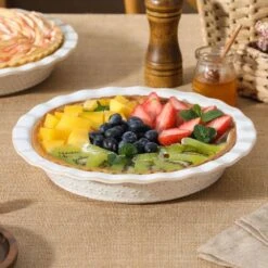 2-Piece Round Stoneware Pie Dish Set Ivory White Baking Dish Embossed Pattern Bakeware 40 Oz. -Vancasso Shop ivory white vancasso bakeware sets lydia pp 03 fa 1000