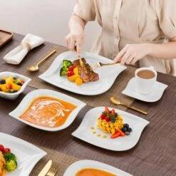 36-Piece Ivory White Porcelain Dinnerware Set (Service For 6) Dining Set With Plates Bowls Cups And Saucers -Vancasso Shop ivory white vancasso dinnerware sets elvira 36 fa 1000