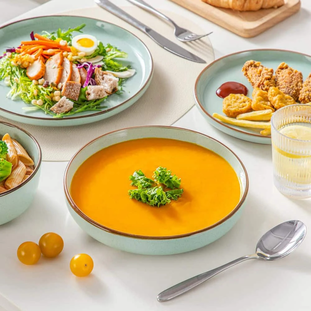 16-Piece Jade Green Stoneware Dinnerware Set (Service For 4) Sesame Speckles Pattern Dinner Set With Plates And Bowls 6 16-Piece Jade Green Stoneware Dinnerware Set (Service For 4) Sesame Speckles Pattern Dinner Set With Plates And Bowls - Image 4