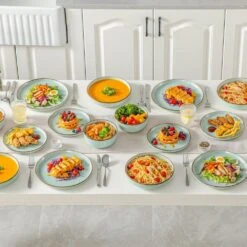 16-Piece Jade Green Stoneware Dinnerware Set (Service For 4) Sesame Speckles Pattern Dinner Set With Plates And Bowls 22 16-Piece Jade Green Stoneware Dinnerware Set (Service For 4) Sesame Speckles Pattern Dinner Set With Plates And Bowls -Vancasso Shop jade green vancasso dinnerware sets vc loire jg sl 1f 1000