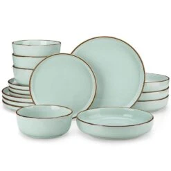 16-Piece Jade Green Stoneware Dinnerware Set (Service For 4) Sesame Speckles Pattern Dinner Set With Plates And Bowls