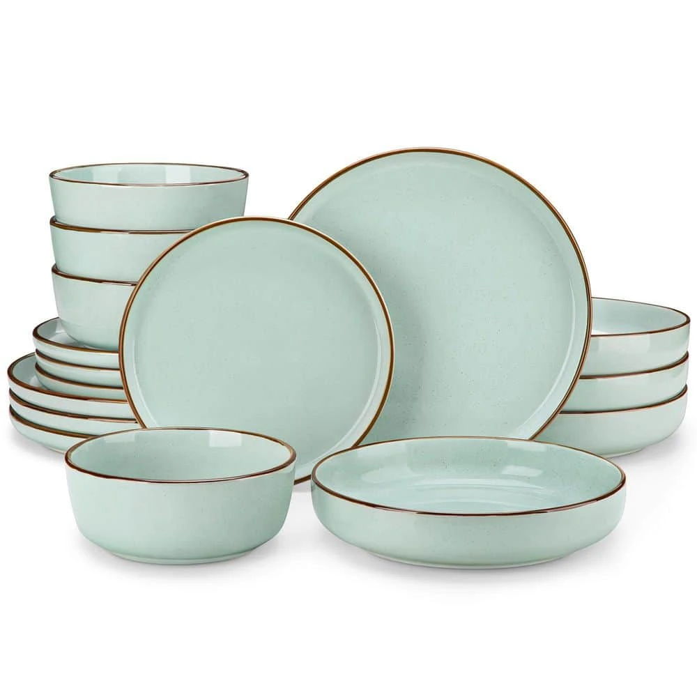 16-Piece Jade Green Stoneware Dinnerware Set (Service For 4) Sesame Speckles Pattern Dinner Set With Plates And Bowls 3 16-Piece Jade Green Stoneware Dinnerware Set (Service For 4) Sesame Speckles Pattern Dinner Set With Plates And Bowls