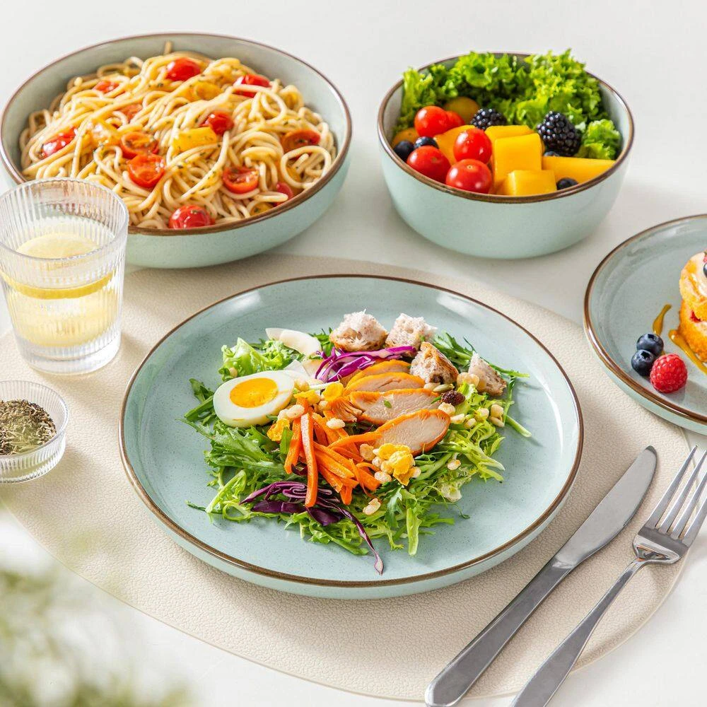 16-Piece Jade Green Stoneware Dinnerware Set (Service For 4) Sesame Speckles Pattern Dinner Set With Plates And Bowls 7 16-Piece Jade Green Stoneware Dinnerware Set (Service For 4) Sesame Speckles Pattern Dinner Set With Plates And Bowls - Image 5