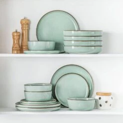 16-Piece Jade Green Stoneware Dinnerware Set (Service For 4) Sesame Speckles Pattern Dinner Set With Plates And Bowls 25 16-Piece Jade Green Stoneware Dinnerware Set (Service For 4) Sesame Speckles Pattern Dinner Set With Plates And Bowls -Vancasso Shop jade green vancasso dinnerware sets vc loire jg sl 76 1000