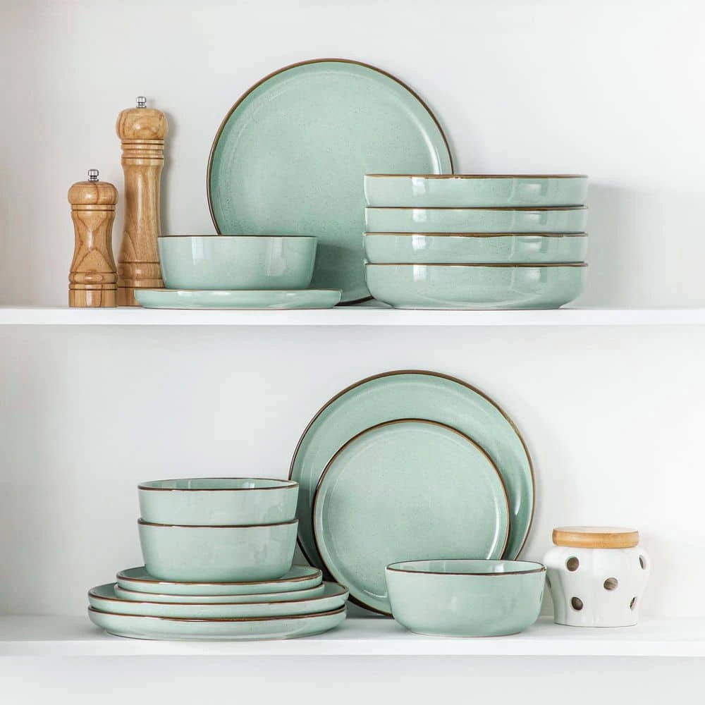 16-Piece Jade Green Stoneware Dinnerware Set (Service For 4) Sesame Speckles Pattern Dinner Set With Plates And Bowls 13 16-Piece Jade Green Stoneware Dinnerware Set (Service For 4) Sesame Speckles Pattern Dinner Set With Plates And Bowls - Image 11