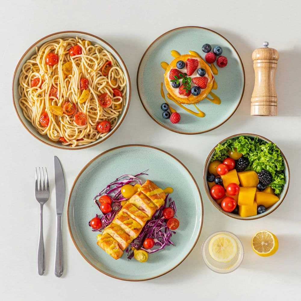 16-Piece Jade Green Stoneware Dinnerware Set (Service For 4) Sesame Speckles Pattern Dinner Set With Plates And Bowls 5 16-Piece Jade Green Stoneware Dinnerware Set (Service For 4) Sesame Speckles Pattern Dinner Set With Plates And Bowls - Image 3