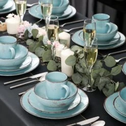 Navia Oceano Light Blue 32-Piece Ceramic Dinnerware Set W/ Dinner Plate, Dessert Plate, Cereal Bowl, Mug (Service For 8) -Vancasso Shop light blue vancasso dinnerware sets vc navia 3 sl 2 31 1000