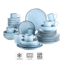 Navia Oceano Light Blue 32-Piece Ceramic Dinnerware Set W/ Dinner Plate, Dessert Plate, Cereal Bowl, Mug (Service For 8) -Vancasso Shop light blue vancasso dinnerware sets vc navia 3 sl 2 4f 1000