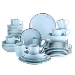 Navia Oceano Light Blue 32-Piece Ceramic Dinnerware Set W/ Dinner Plate, Dessert Plate, Cereal Bowl, Mug (Service For 8)
