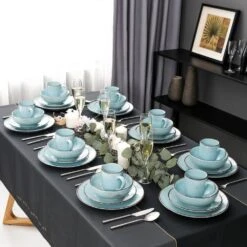 Navia Oceano Light Blue 32-Piece Ceramic Dinnerware Set W/ Dinner Plate, Dessert Plate, Cereal Bowl, Mug (Service For 8) -Vancasso Shop light blue vancasso dinnerware sets vc navia 3 sl 2 76 1000