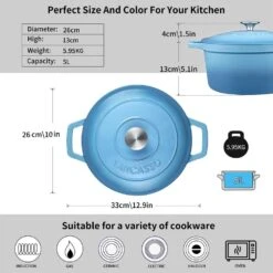 5 Qt. Non-Stick Cast Iron Round Dutch Oven In Light Blue With Lid -Vancasso Shop light blue vancasso dutch ovens vs ztr 26 lb c3 1000