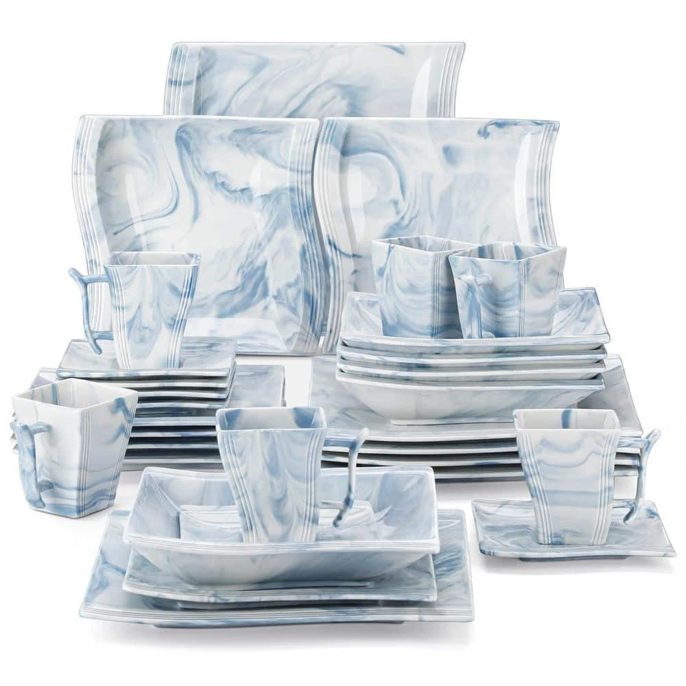30-Piece Marble Blue Porcelain Dinnerware Set Service For 6 Tableware Set Dining Set With Plates Cups And Saucers 3 30-Piece Marble Blue Porcelain Dinnerware Set Service For 6 Tableware Set Dining Set With Plates Cups And Saucers