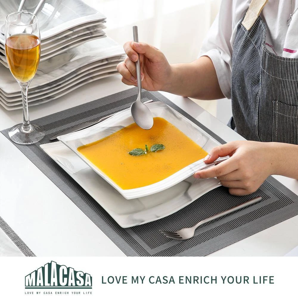 Flora 12-Piece Marble Gray Porcelain Square Dinner Plates And Soup Bowls (Service For 6) 6 Flora 12-Piece Marble Gray Porcelain Square Dinner Plates And Soup Bowls (Service For 6) - Image 4