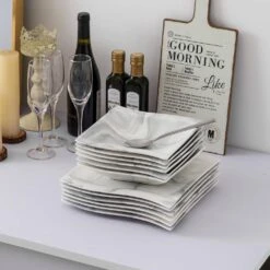 Flora 12-Piece Marble Gray Porcelain Square Dinner Plates And Soup Bowls (Service For 6) 17 Flora 12-Piece Marble Gray Porcelain Square Dinner Plates And Soup Bowls (Service For 6) -Vancasso Shop marble gray vancasso dinnerware sets flora 12 grey 31 1000