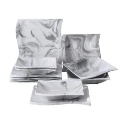 Flora 12-Piece Marble Gray Porcelain Square Dinner Plates And Soup Bowls (Service For 6)