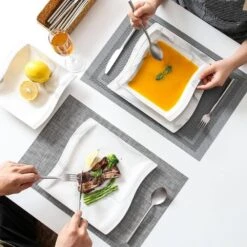 Flora 12-Piece Marble Gray Porcelain Square Dinner Plates And Soup Bowls (Service For 6) 16 Flora 12-Piece Marble Gray Porcelain Square Dinner Plates And Soup Bowls (Service For 6) -Vancasso Shop marble gray vancasso dinnerware sets flora 12 grey 76 1000