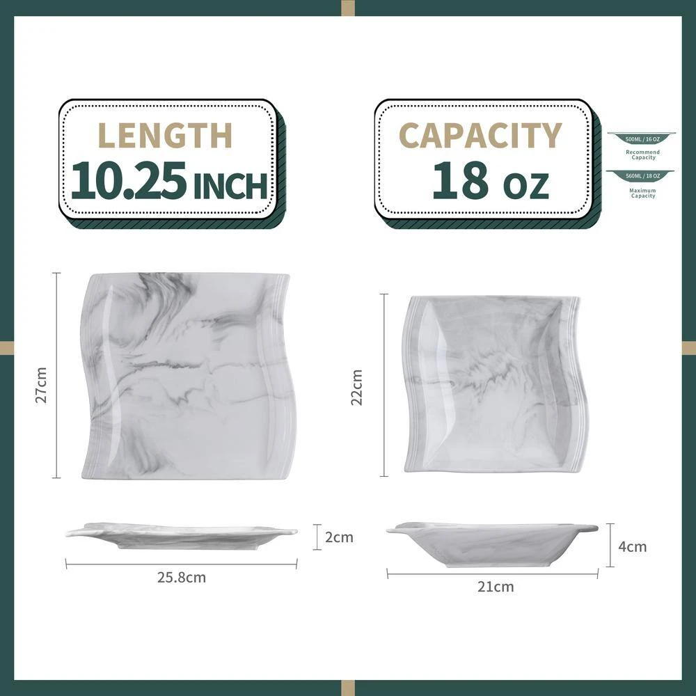 Flora 12-Piece Marble Gray Porcelain Square Dinner Plates And Soup Bowls (Service For 6) 4 Flora 12-Piece Marble Gray Porcelain Square Dinner Plates And Soup Bowls (Service For 6) - Image 2
