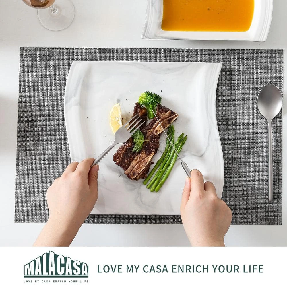 Flora 12-Piece Marble Gray Porcelain Square Dinner Plates And Soup Bowls (Service For 6) 8 Flora 12-Piece Marble Gray Porcelain Square Dinner Plates And Soup Bowls (Service For 6) - Image 6