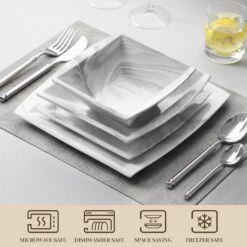 16-Piece Marble Grey Porcelain Dinnerware Set Service For 4 Bowls And Plates Dining Set 21 16-Piece Marble Grey Porcelain Dinnerware Set Service For 4 Bowls And Plates Dining Set -Vancasso Shop marble grey vancasso dinnerware sets blance 16s grey 44 1000