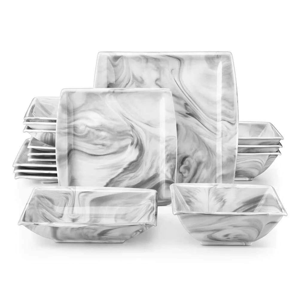 16-Piece Marble Grey Porcelain Dinnerware Set Service For 4 Bowls And Plates Dining Set 3 16-Piece Marble Grey Porcelain Dinnerware Set Service For 4 Bowls And Plates Dining Set