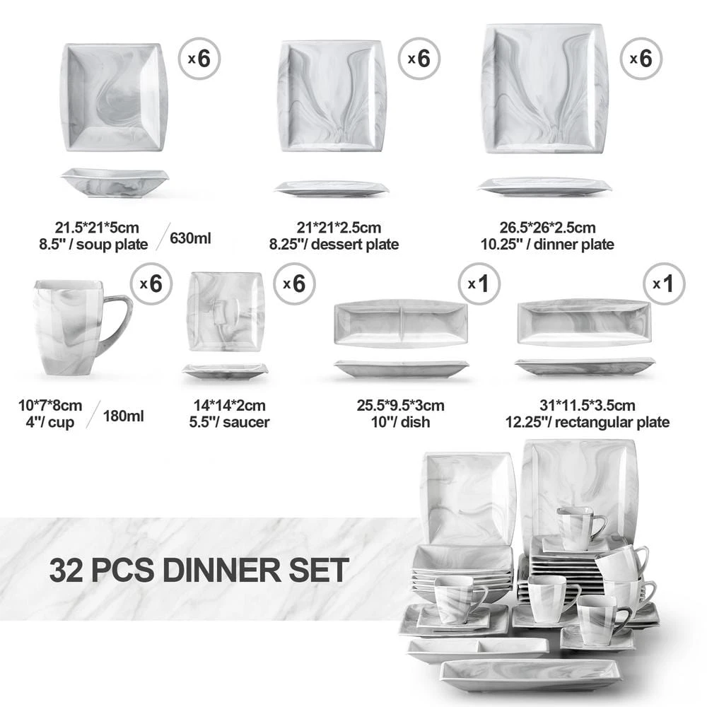 Blance 32-Piece Marble Gray Porcelain. Dinnerware Set (Service For 6) 4 Blance 32-Piece Marble Gray Porcelain. Dinnerware Set (Service For 6) - Image 2