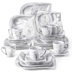 30-Piece Marble Grey Porcelain Dinnerware Set Service For 6-Tableware Set With Plates Coffee Cups And Saucers