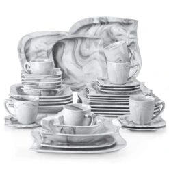 36-Piece Marble Grey Porcelain Dinnerware Set (Service For 6) Dining Set With Plates Bowls Cups And Saucers