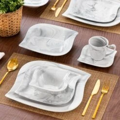 36-Piece Marble Grey Porcelain Dinnerware Set (Service For 6) Dining Set With Plates Bowls Cups And Saucers -Vancasso Shop marble grey vancasso dinnerware sets elvira 36 grey fa 1000