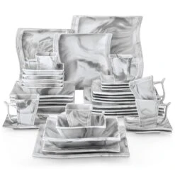 36-Piece Marble Grey Porcelain Dinnerware Set Service For 6-Dishware Tableware Dining Set With Plates Bowls Cups Saucers