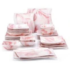 Flora 26-Piece Marble Pink Porcelain Dinnerware Set (Service For 6)