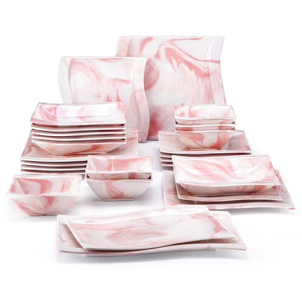 Flora 26-Piece Marble Pink Porcelain Dinnerware Set (Service For 6) 3 Flora 26-Piece Marble Pink Porcelain Dinnerware Set (Service For 6)