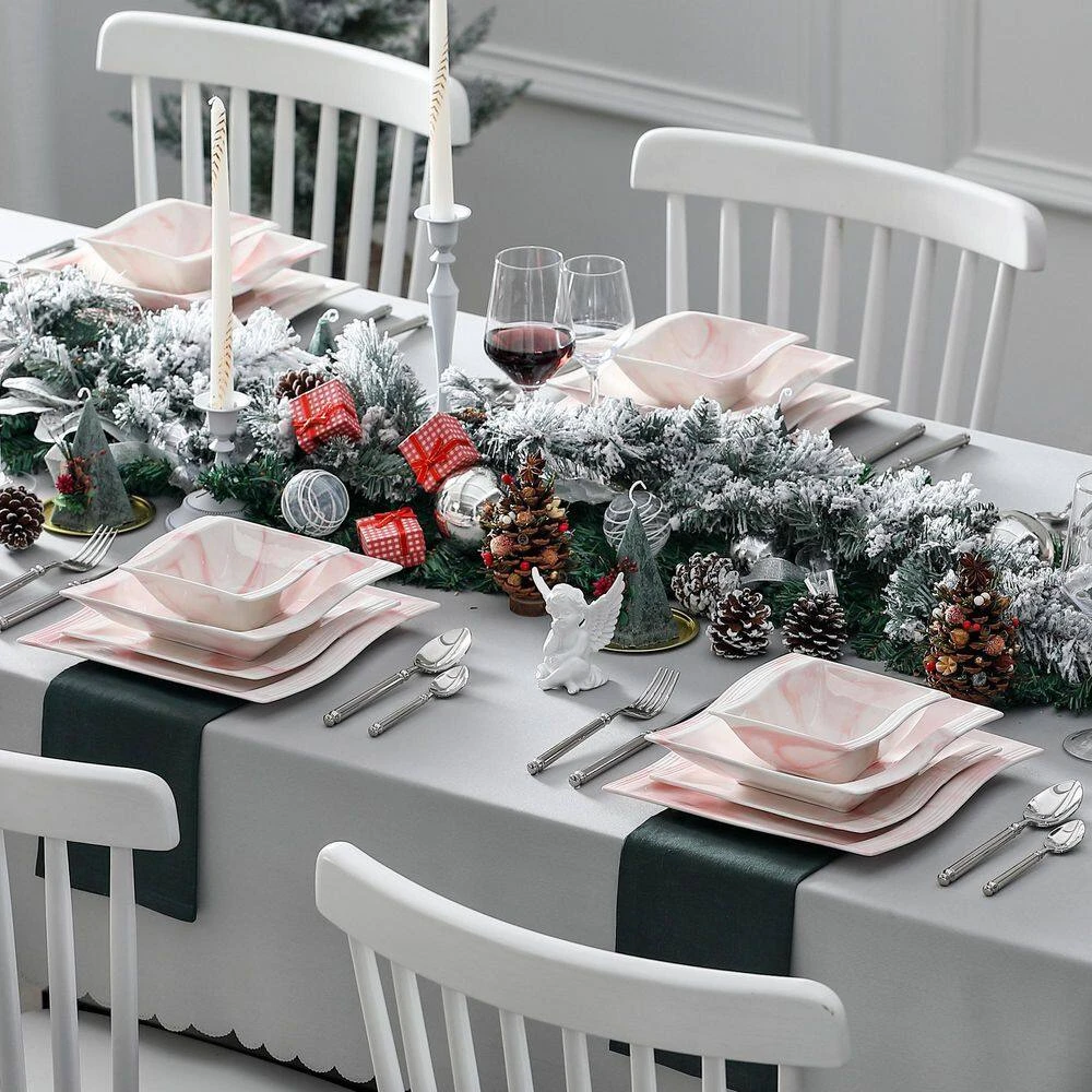 Flora 26-Piece Marble Pink Porcelain Dinnerware Set (Service For 6) 4 Flora 26-Piece Marble Pink Porcelain Dinnerware Set (Service For 6) - Image 2