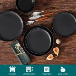 16-Piece Matte Black Stoneware Dinnerware Set Service For 4 Tableware Bowls And Plates Dining Set Dishware Set -Vancasso Shop matte black vancasso dinnerware sets vc pla bk 16 eu 1f 1000