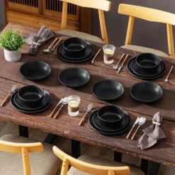 16-Piece Matte Black Stoneware Dinnerware Set Service For 4 Tableware Bowls And Plates Dining Set Dishware Set -Vancasso Shop matte black vancasso dinnerware sets vc pla bk 16 eu 31 1000