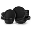 16-Piece Matte Black Stoneware Dinnerware Set Service For 4 Tableware Bowls And Plates Dining Set Dishware Set -Vancasso Shop matte black vancasso dinnerware sets vc pla bk 16 eu 64 1000