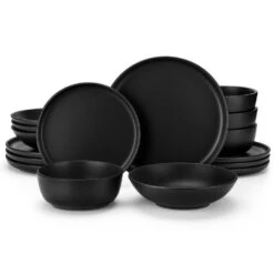 16-Piece Matte Black Stoneware Dinnerware Set Service For 4 Tableware Bowls And Plates Dining Set Dishware Set