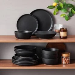 16-Piece Matte Black Stoneware Dinnerware Set Service For 4 Tableware Bowls And Plates Dining Set Dishware Set -Vancasso Shop matte black vancasso dinnerware sets vc pla bk 16 eu 76 1000