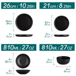 16-Piece Matte Black Stoneware Dinnerware Set Service For 4 Tableware Bowls And Plates Dining Set Dishware Set -Vancasso Shop matte black vancasso dinnerware sets vc pla bk 16 eu c3 1000